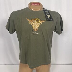 Life is Good. Womens Highland Cow OK Short Sleeve Crusher Box, Moss Green Large